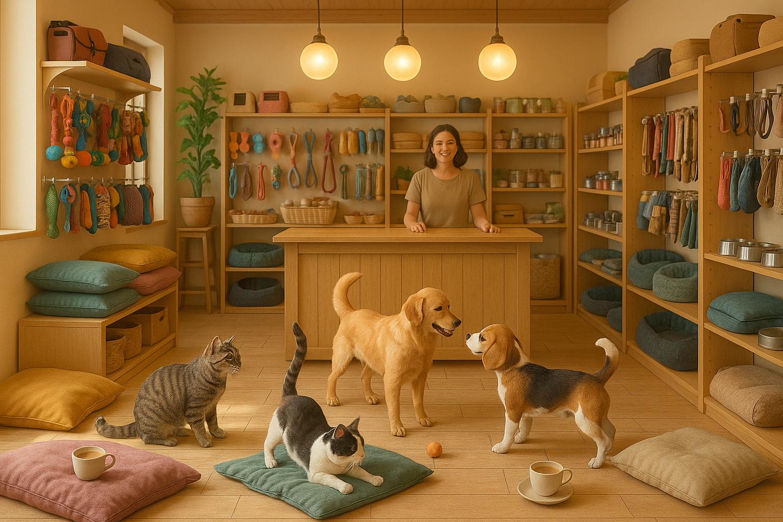 "Tienda de mascotas acogedora y luminosa, aroma de limpieza suave, perros y gatos jugando junto a estanterías con juguetes, camas y accesorios coloridos, mantas, cojines y tazas de café para clientes, iluminación cálida, persona sonriendo detrás del mostrador."
